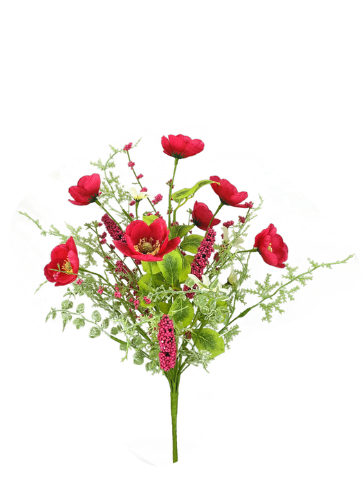 The 19" Hot Pink Poppy Filler Bush 63735BT features artificial hot pink and red poppy flowers with green leaves and stems, displayed against a plain white background.