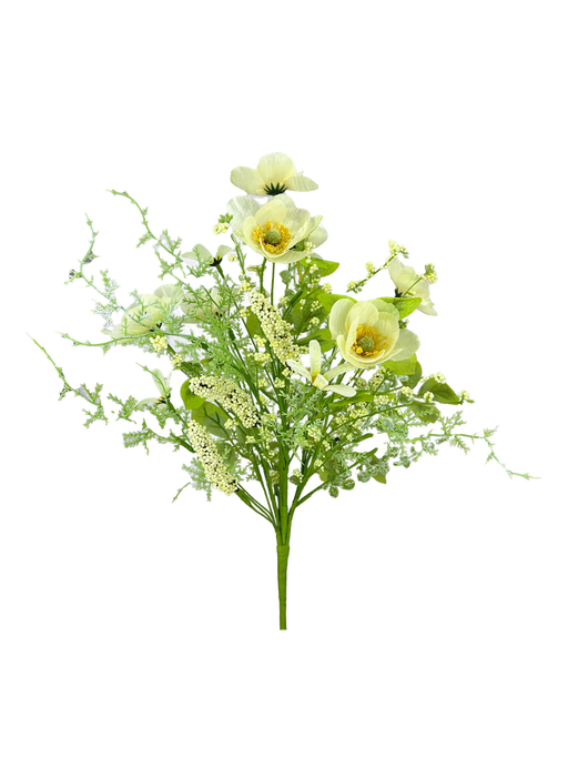 The 19" Cream Poppy Filler Bush 63735CM features artificial pale yellow and cream flowers with green leaves and delicate fillers, arranged against a plain white background.