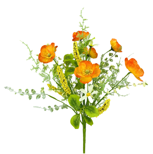 The 19 Orange Poppy Filler Bush 63735OR features vibrant orange and yellow flowers, green leaves, stems, small white blooms, and delicate foliage for a fresh look.