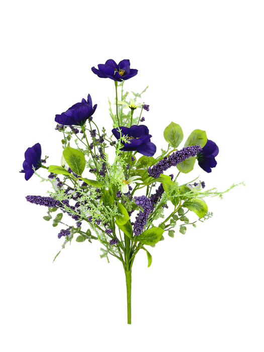 The 19" Purple Poppy Filler Bush (63735PU) features vibrant artificial purple blooms with delicate fern-like greenery on green leafy stems, displayed against a plain white background.