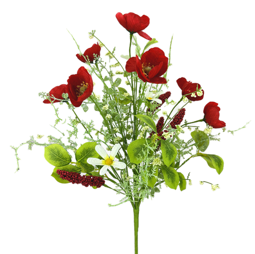 Featuring the 19 Red Poppy Filler Bush 63735RD, this bouquet includes white daisies and green foliage arranged in a vibrant, natural style.