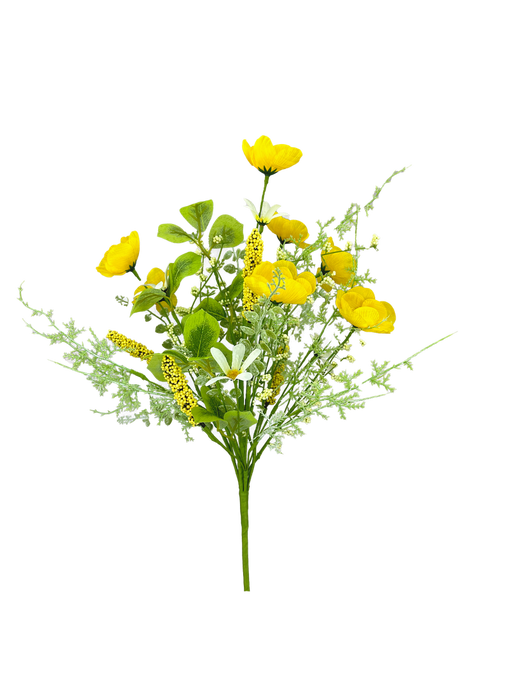 The 19" Yellow Poppy Filler Bush 63735YW features artificial yellow poppy flowers, green foliage, and delicate white accents, arranged against a plain white background.