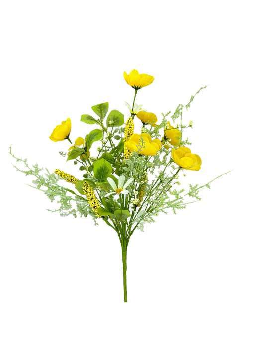 The 19" Yellow Poppy Filler Bush 63735YW features artificial yellow poppy flowers, green foliage, and delicate white accents, arranged against a plain white background.
