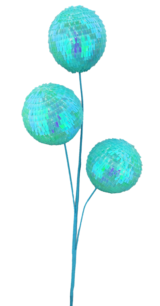 Three shimmering sequin ball floral arrangements in iridescent blue and green, each on a slender 28 stem, create an exquisite mosaic-like display. Product: 28 Blue 3 Stems Sequin Ball Spray 63753BL.
