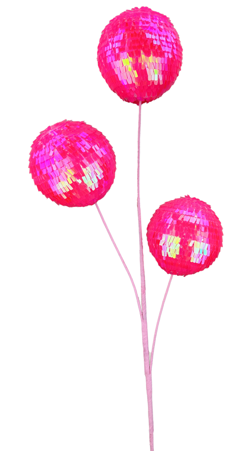 The 28 Hot Pink 3 Stems Sequin Ball Spray (63753HTPK) features three vivid sequin ball flowers on slender light pink stems, showcased against a black background.