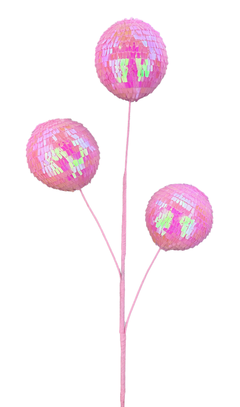 The 28 Pink 3 Stems Sequin Ball Spray 63753PK features three shimmering pink floral heads with iridescent sequins on slender stems, offering an abstract and elegant display against a white background.