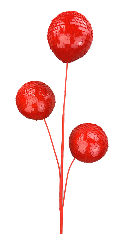 Three red, spherical ornaments, styled like abstract flowers on thin stems against a white background, resemble the 28 Red 3 Stems Sequin Ball Spray (63753RD).