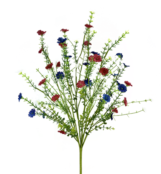 The 21 Red White Blue Wild Flower Filler Spray 63763RWB features vivid green stems and leaves with striking red, blue, and white wildflowers. The background is an abstract explosion of pink, blue, and yellow for a captivating effect.