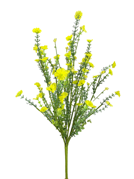 The 21" Yellow Wild Flower Filler Spray 63763YW features multiple thin branches with bright yellow blooms and green leaves, displayed against a plain white background.