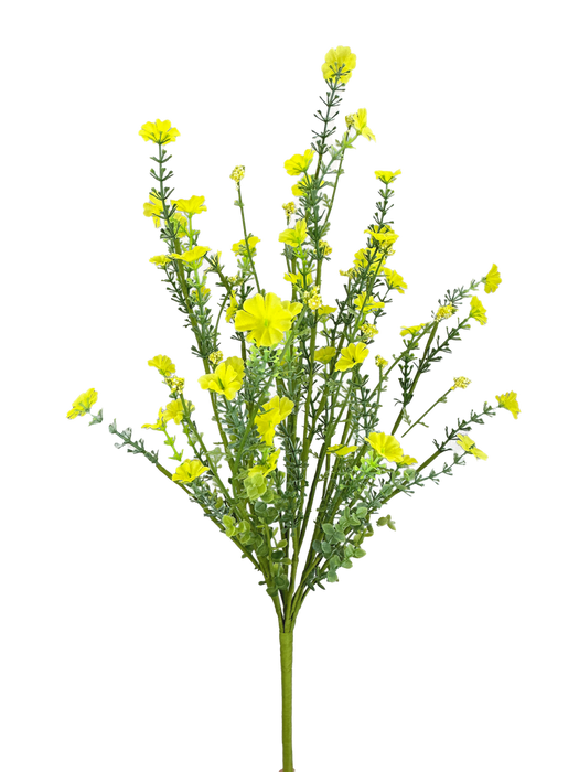 The 21" Yellow Wild Flower Filler Spray 63763YW features multiple thin branches with bright yellow blooms and green leaves, displayed against a plain white background.