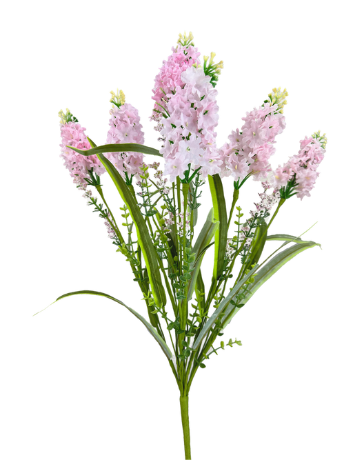 A 22" Pink Delphinium Spray (63766PK) with light pink blossoms and long green leaves on multiple stems, arranged against a white background.
