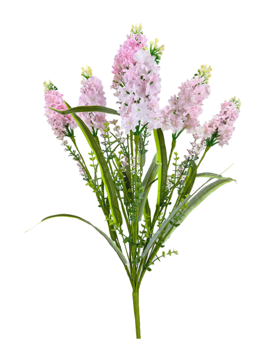 A 22" Pink Delphinium Spray (63766PK) with light pink blossoms and long green leaves on multiple stems, arranged against a white background.