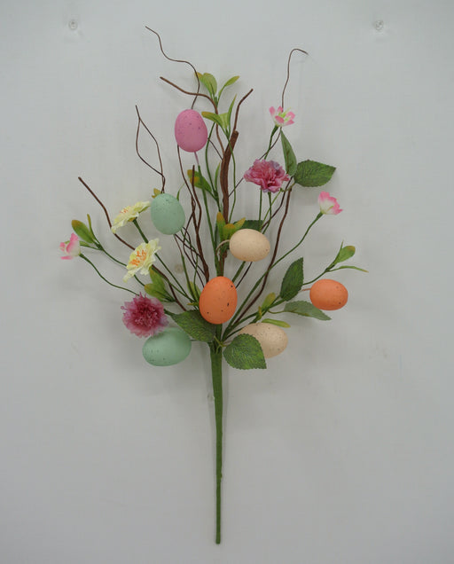 The 21" Easter Egg Bush 63774 boasts a decorative arrangement with branches adorned with pastel-colored Easter eggs and small flowers, elegantly set against a plain background.