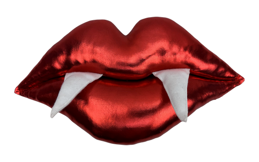 A pair of shiny red lips with two white vampire fangs, resembling the 7 x 13 x 2 Red Plush Vampire Lip 63824RD, displayed against a plain background.