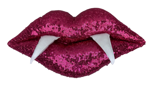 The 7 x 13 x 2 Hot Pink Plush Vampire Lip (63825BT) features sparkling sequin lips with two large white fangs.