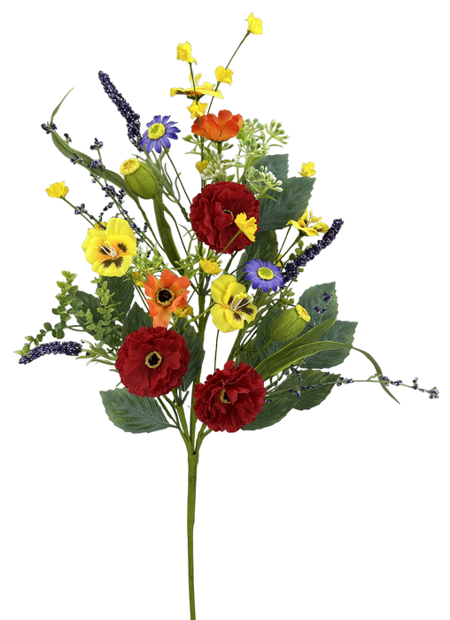 The 28" Pansy Poppy Spray 63834SP features artificial red roses, yellow buttercups, orange and purple blossoms, and lush green leaves, arranged against a plain white background.