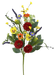 The 28" Pansy Poppy Spray 63834SP features artificial red roses, yellow buttercups, orange and purple blossoms, and lush green leaves, arranged against a plain white background.