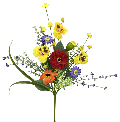 The 18" Pansy Poppy Pick 63835SP features bright pink, yellow, green, and blue artificial blooms with lush leaves, arranged beautifully to add vibrant color to any space.