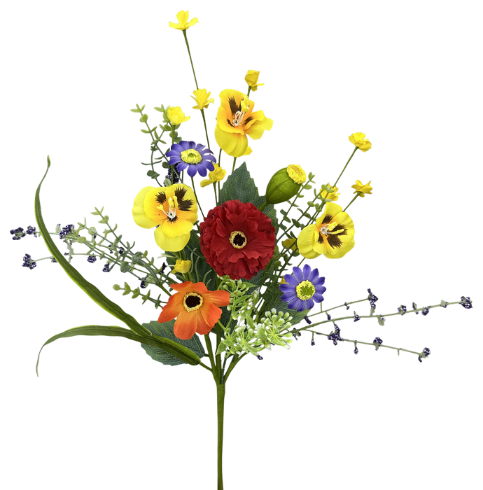 The 18" Pansy Poppy Pick 63835SP features bright pink, yellow, green, and blue artificial blooms with lush leaves, arranged beautifully to add vibrant color to any space.