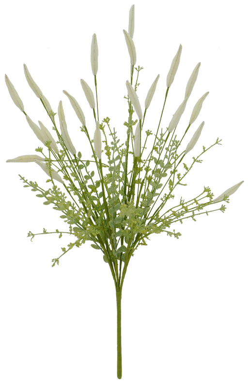 A bouquet featuring 24-inch cream bunny tail accents and delicate green plastic leaves, beautifully arranged in a fan shape with white artificial flowers and long buds.