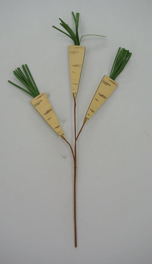 This 12" decorative element, featuring a trio of cream wooden carrots with green tops elegantly affixed to a slender brown branch and set against a plain white background, adds an exquisite touch to any setting. Model 63856-CR.