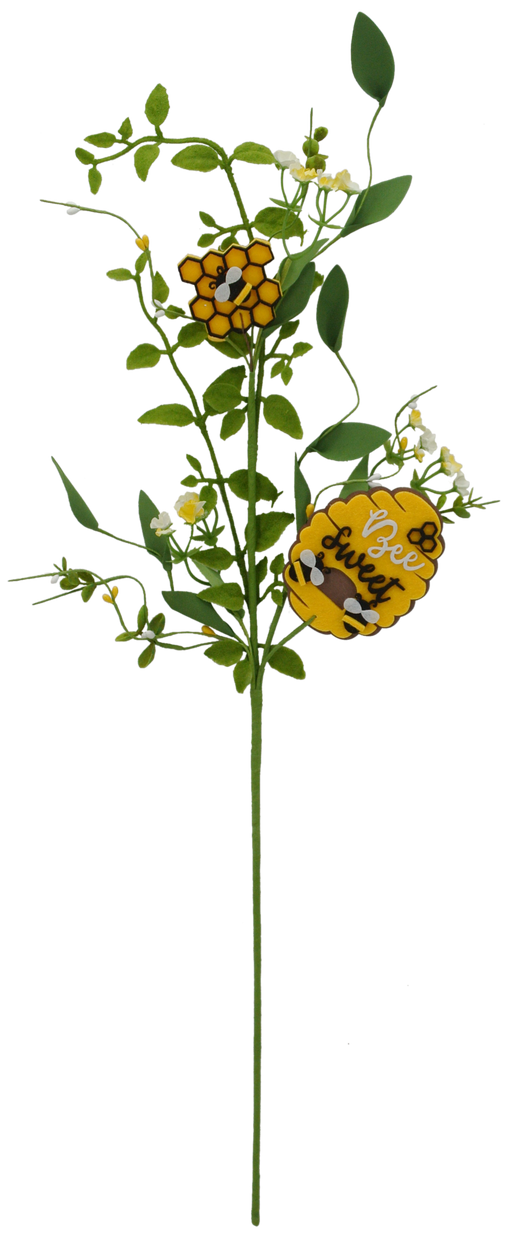 Introducing the 29" Honeycomb Greenery 63862, featuring vibrant green leaves adorned with small white flowers. This decorative piece is enhanced with charming yellow bee-themed ornaments and a striking honeycomb pattern, completed by a delightful "Bee-lieve" tag.