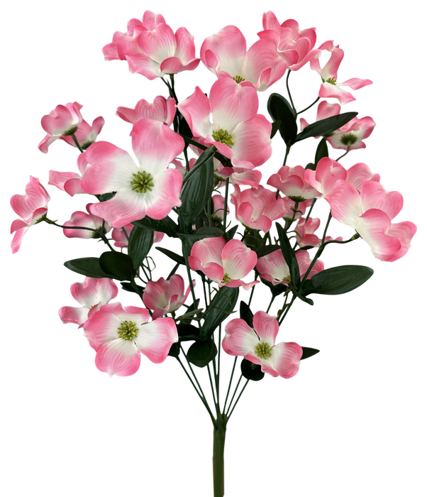 The 20" Pink Dogwood Bush with 9 Stems (64040PK) features lifelike pink and white petals with green leaves, inspired by the dogwood bush and arranged on multiple stems.