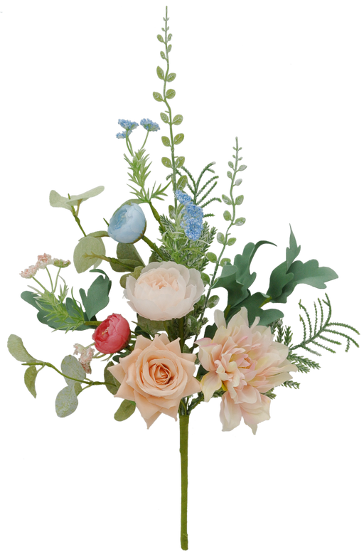 The 16 Rose Peony Bush 64110 displays pastel pink and peach roses, small blue flowers, and greenery on a single green stem, creating a beautiful mixed bouquet against a white background.