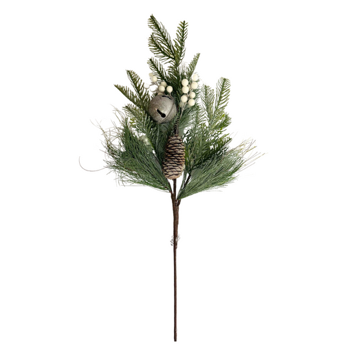 The 26" Pine Berry Bell Spray 64222 is a festive holiday decoration featuring evergreen branches, a pinecone, white berries, and a silver bell. Its white and green arrangement beautifully stands out against a plain white background.