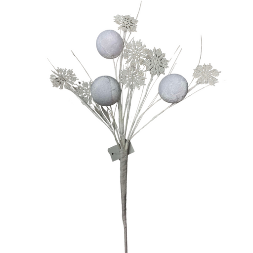 Product Name: 23 In Velvet Ball Snowflake 64536-Wt - A decorative arrangement showcasing velvet balls and glittery snowflake shapes on slender white stems, set against a plain white background.
