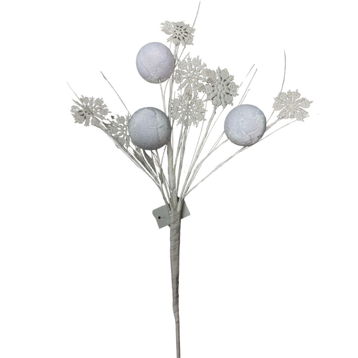 Product Name: 23 In Velvet Ball Snowflake 64536-Wt - A decorative arrangement showcasing velvet balls and glittery snowflake shapes on slender white stems, set against a plain white background.
