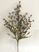 The 23 Long Brown Wood Berry Spray 65121-BRN features multiple small brown and green buds with elongated green leaves, displayed against a plain white background.