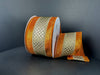 A spool of 2.5 x 10Y Gold Metallic-Black Mesh/Lt Rust Velvet Edge Ribbon (65527-40-15) is displayed against a dark background, featuring gold metallic mesh and rust velvet edges for an elegant decorative touch.
