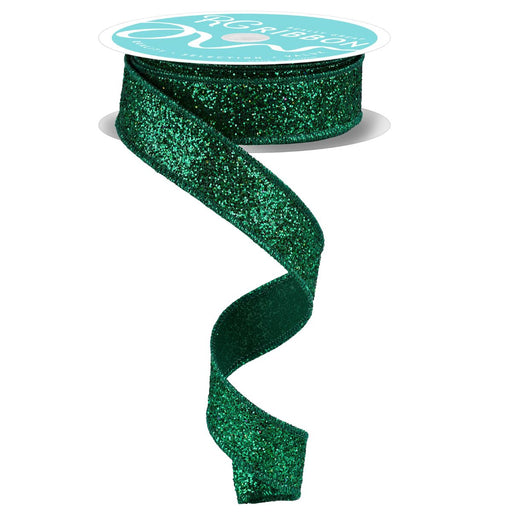 7/8" emerald green laser glitter ribbon with wired edge, 10-yard roll – available at Trendy Tree.