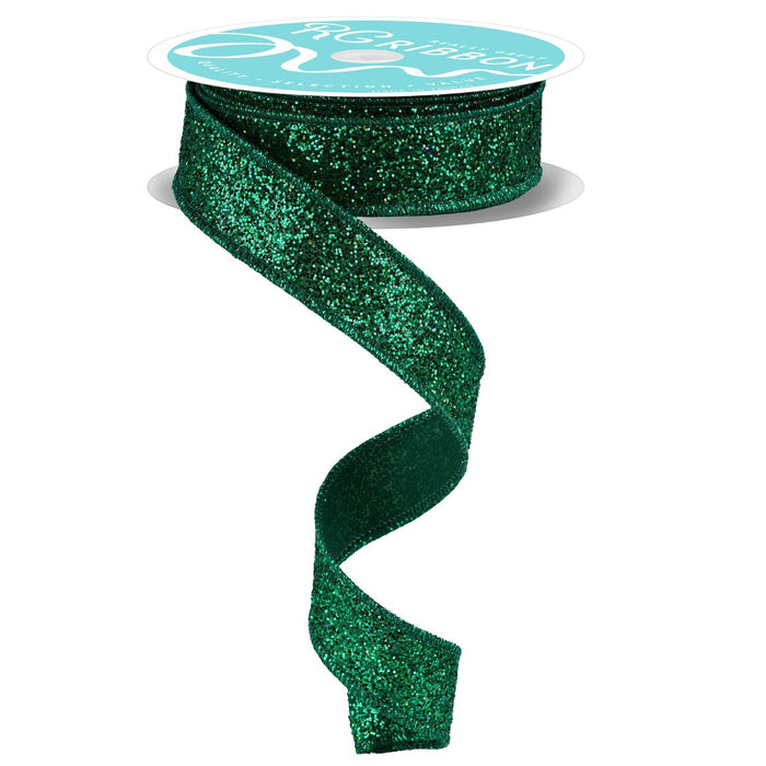 7/8" emerald green laser glitter ribbon with wired edge, 10-yard roll – available at Trendy Tree.