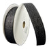 A roll of 7/8" black ribbon with flat glitter and wired edges, partially unrolled to display its sparkly surface.