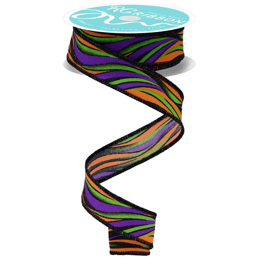 7/8-inch wavy stripe ribbon in black, purple, orange, and lime on 10-yard roll – available at Trendy Tree.