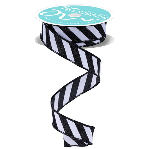7/8-inch black and white diagonal glitter stripe wired ribbon on 10-yard roll – available at Trendy Tree.