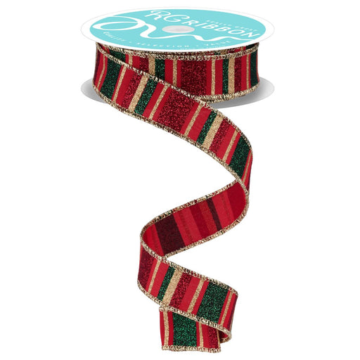 7/8-inch cranberry, hunter green, burgundy, and gold horizontal glitter stripe ribbon with wired edge – RGF7912Y6 – available at Trendy Tree