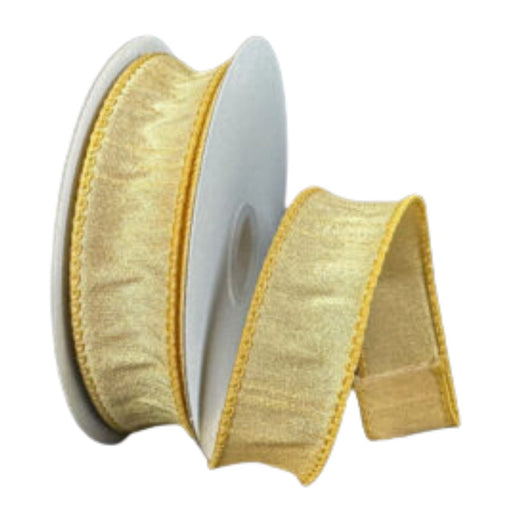 A roll of 7/8" gold faux dupioni ribbon with wired edges, partially unrolled to show its rich texture and elegant sheen.