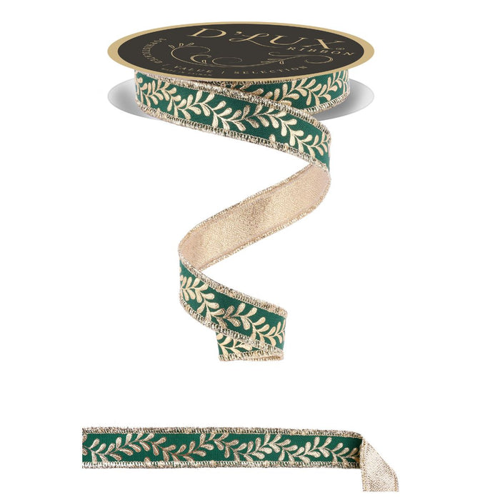 7/8 inch hunter green ribbon with metallic gold foil leaf garland pattern and fused gold backing, wired edge, shown on spool and laid flat.