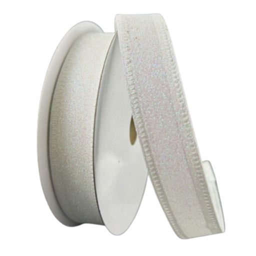 A roll of 7/8" white ribbon with flat iridescent glitter and wired edges, partially unspooled for display.