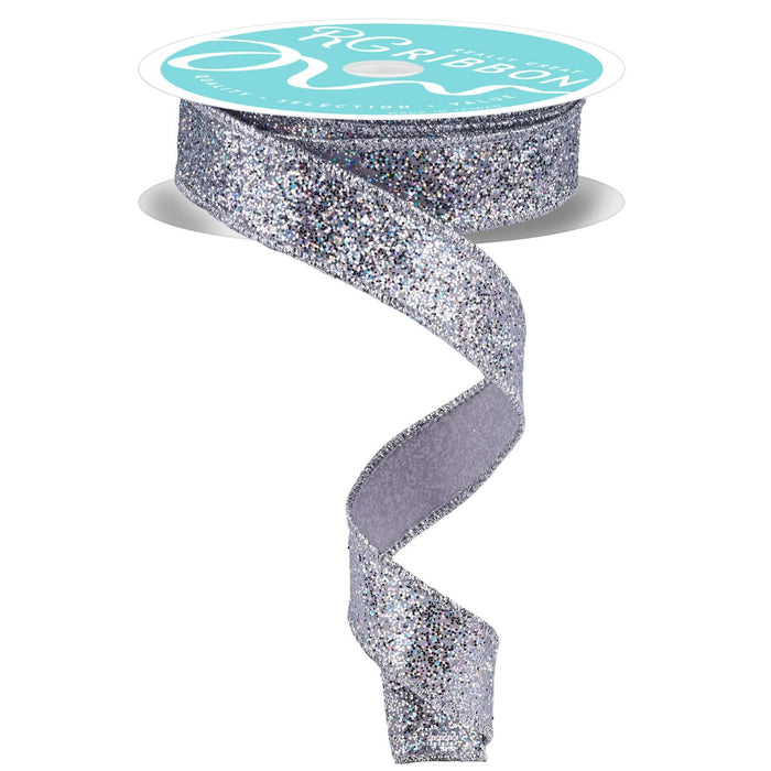 7/8" silver laser glitter ribbon on spool, 10 yards, wired edge – available at Trendy Tree.