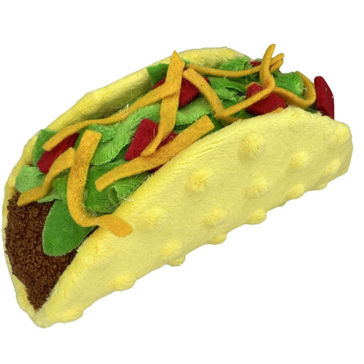 Soft plush taco decor with yellow shell, green lettuce, red tomato, and yellow cheese details, 7 inches long.