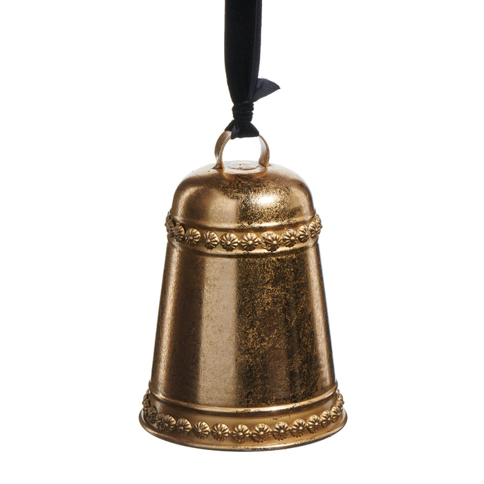 A 7″ x 5″ soft gold metal bell ornament featuring decorative floral patterns and a black ribbon for hanging, perfect as a RAZ Imports Christmas tree decoration (RAZ 4550802).
