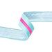 The 1.5 Inch Blue Velvet Ribbon with Pink Center Stripe (7020W-305-38E) features light blue edges and a pink center stripe, shown slightly twisted on a white background—ideal for adding style to wreaths.