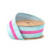 A spool of 1.5 Inch Blue Velvet Ribbon with Pink Center Stripe (7020W-305-38E), wound on a reel, features a light blue edge and bright pink center—ideal velvet ribbon for wreaths and decorative projects.