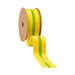 The 1.5 Inch Yellow Velvet Ribbon with Green Center Stripe 7021W-662-38E is partially unrolled against a white background—ideal for wreaths or gift wrapping.