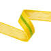 The 1.5 Inch Yellow Velvet Ribbon with Green Center Stripe (7021W-662-38E) features a vivid green stripe and zigzag shape on a white background, ideal for gift wrapping or adding accents to wreaths.