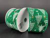 Two spools of 2.5X10Y emerald linen ribbon with white Christmas trees, gold stars, and white dots are set against a dark background. The partially unwound wired ribbon showcases its festive design, while a label with a barcode is visible on one spool.